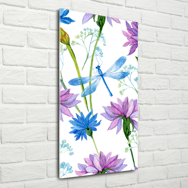 Verticale glasfoto Bloemen en libellen