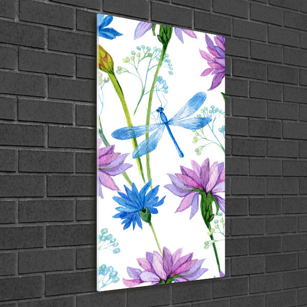 Verticale glasfoto Bloemen en libellen