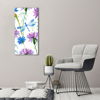 Verticale glasfoto Bloemen en libellen