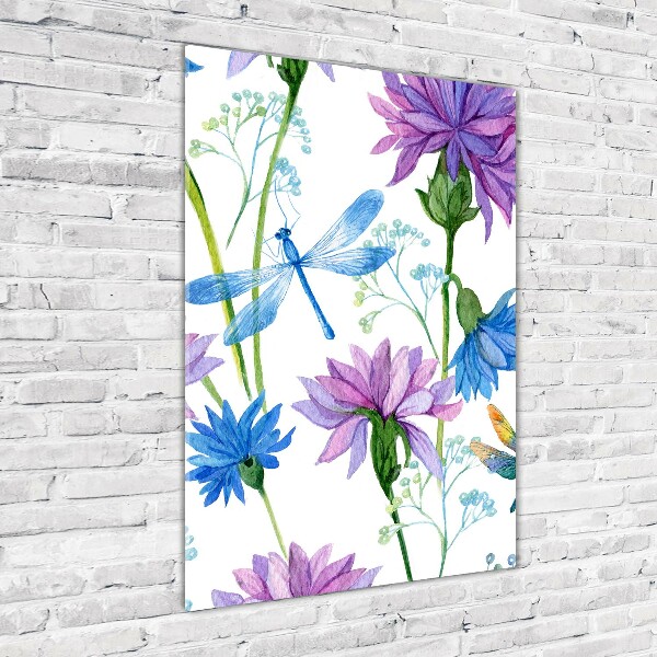 Verticale glasfoto Bloemen en libellen