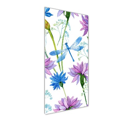 Verticale glasfoto Bloemen en libellen