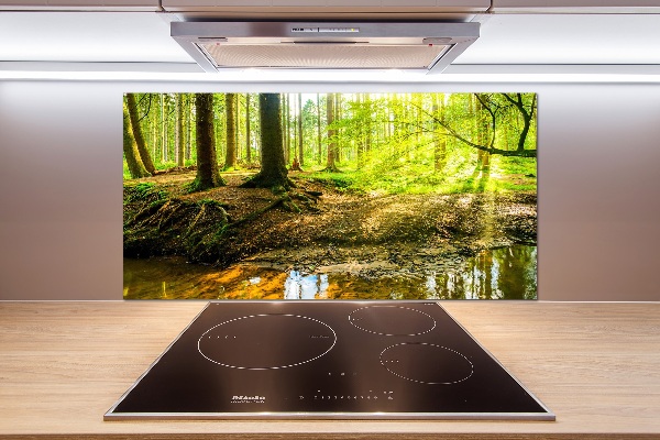 Spatscherm keuken Zonnestralen in het bos