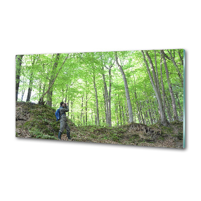 Glazen achterwand keuken Ornitholoog in het bos