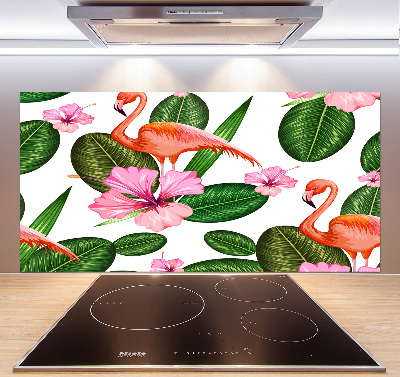 Glazen achterwand keuken Flamingo's en planten