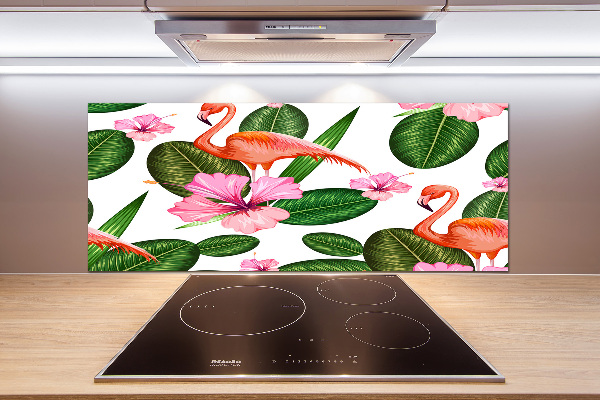 Glazen achterwand keuken Flamingo's en planten