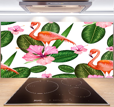 Glazen achterwand keuken Flamingo's en planten