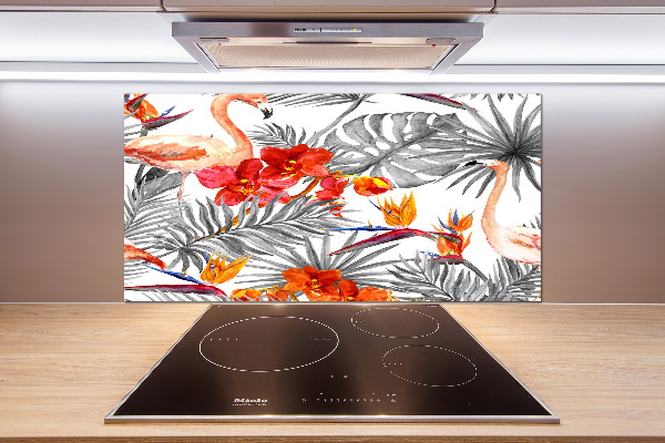 Glazen achterwand keuken Flamingo's en bloemen