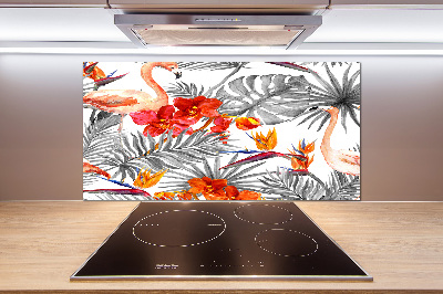 Glazen achterwand keuken Flamingo's en bloemen