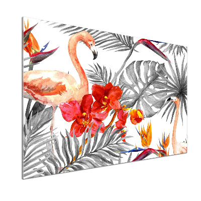 Glazen achterwand keuken Flamingo's en bloemen