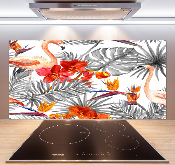 Glazen achterwand keuken Flamingo's en bloemen