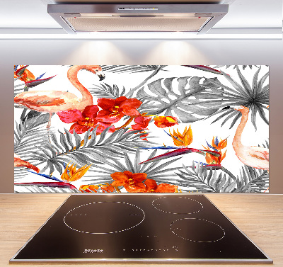 Glazen achterwand keuken Flamingo's en bloemen
