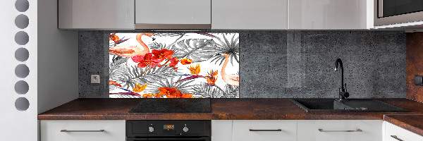 Glazen achterwand keuken Flamingo's en bloemen