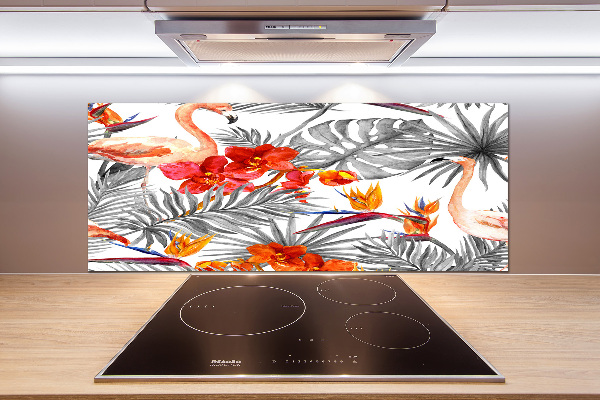 Glazen achterwand keuken Flamingo's en bloemen