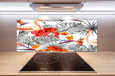 Glazen achterwand keuken Flamingo's en bloemen