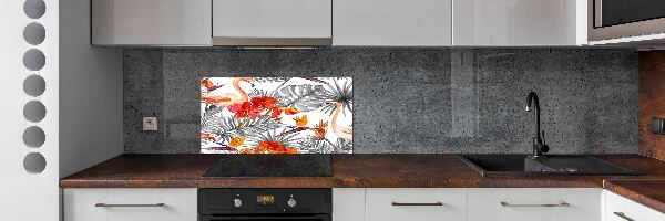 Glazen achterwand keuken Flamingo's en bloemen