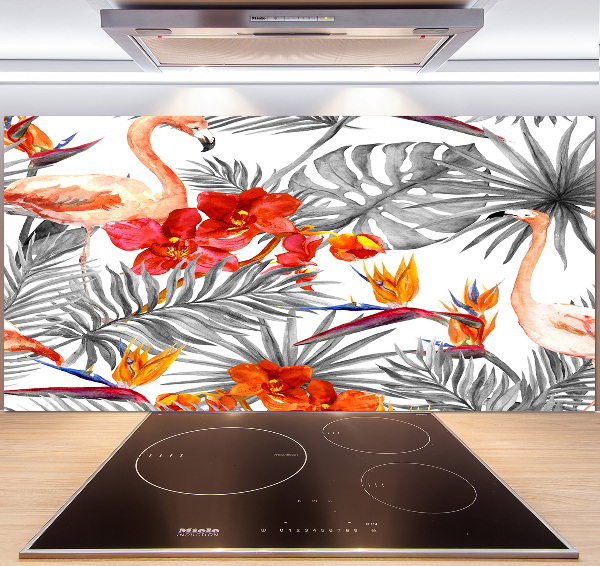 Glazen achterwand keuken Flamingo's en bloemen