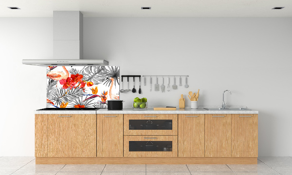 Glazen achterwand keuken Flamingo's en bloemen
