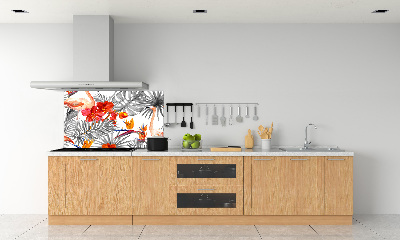 Glazen achterwand keuken Flamingo's en bloemen