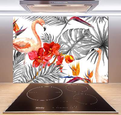 Glazen achterwand keuken Flamingo's en bloemen