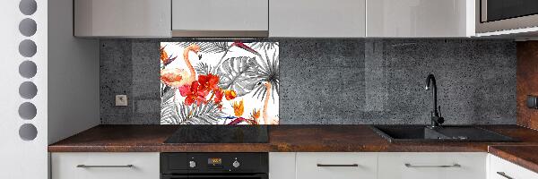 Glazen achterwand keuken Flamingo's en bloemen
