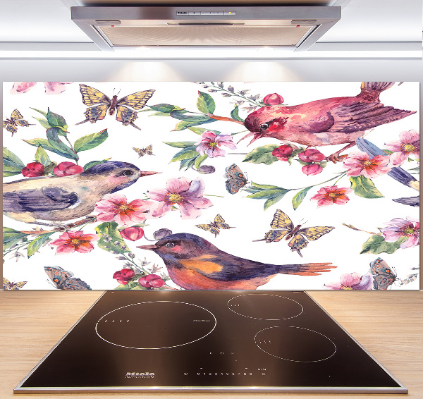 Spatscherm keuken Vogels, vlinders, kersen