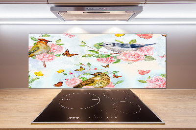 Spatscherm keuken Vogels en rozen