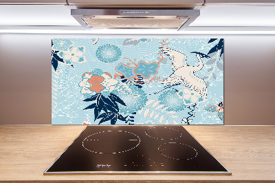 Glazen achterwand keuken Kraanvogel en bloemen