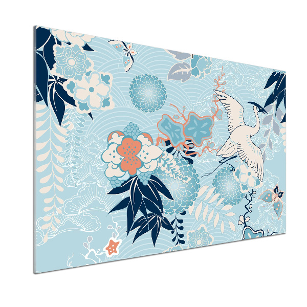 Glazen achterwand keuken Kraanvogel en bloemen