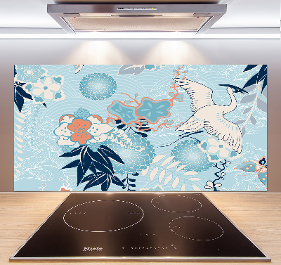 Glazen achterwand keuken Kraanvogel en bloemen