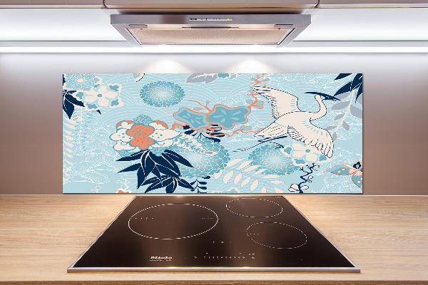 Glazen achterwand keuken Kraanvogel en bloemen