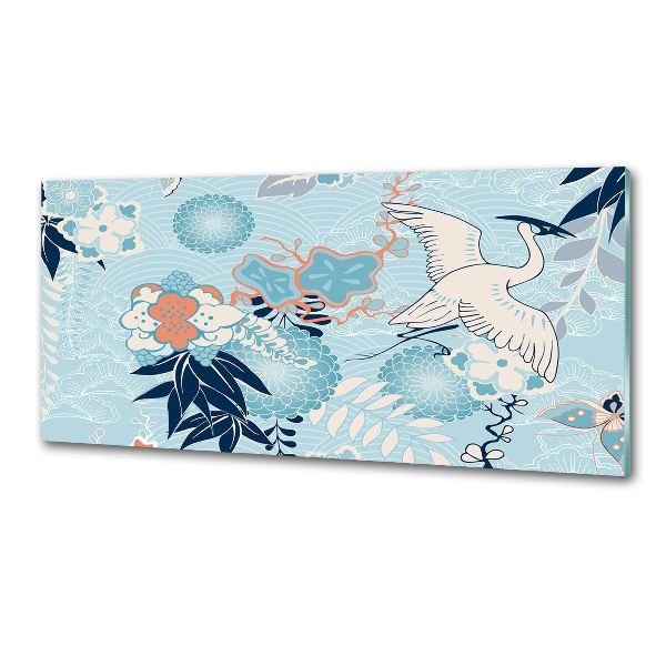 Glazen achterwand keuken Kraanvogel en bloemen