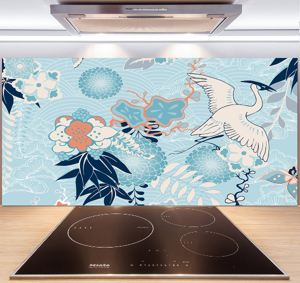 Glazen achterwand keuken Kraanvogel en bloemen