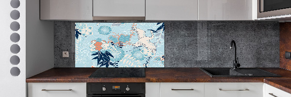 Glazen achterwand keuken Kraanvogel en bloemen