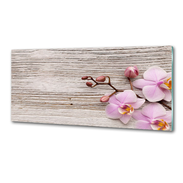 Glazen achterwand keuken Orchidee op hout