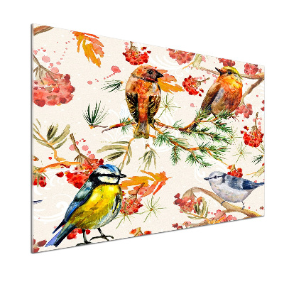 Glazen achterwand keuken Naaldhoutbomen en vogels