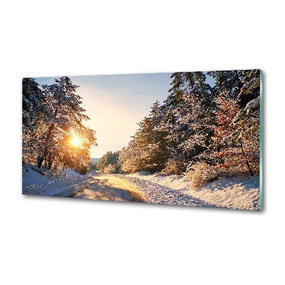 Glazen achterwand keuken Een weg in het bos in de winter.