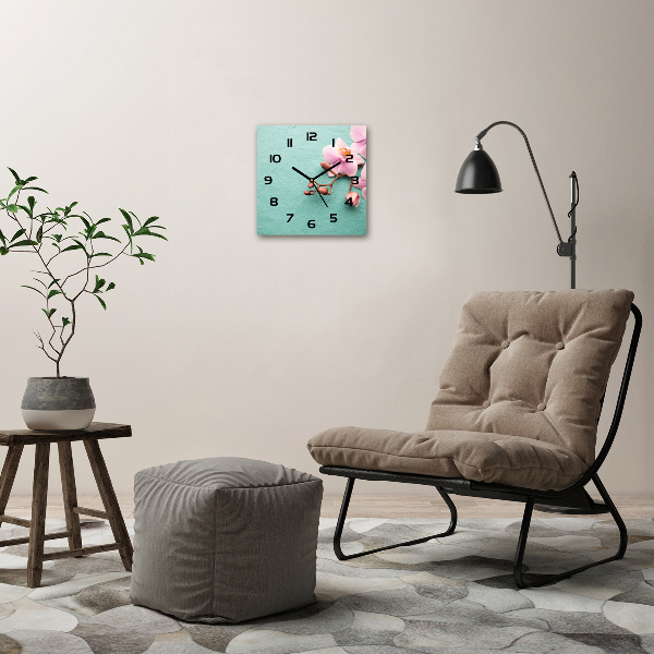 Vierkante glazen wandklok Orchidee