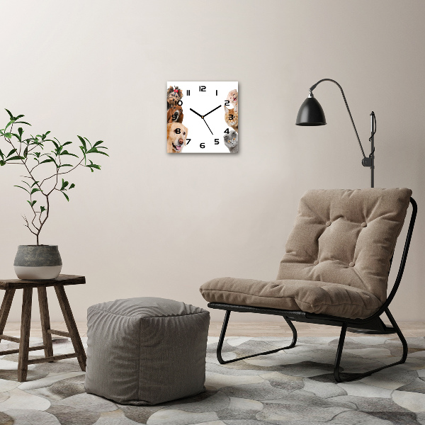 Vierkante glazen wandklok Honden en katten