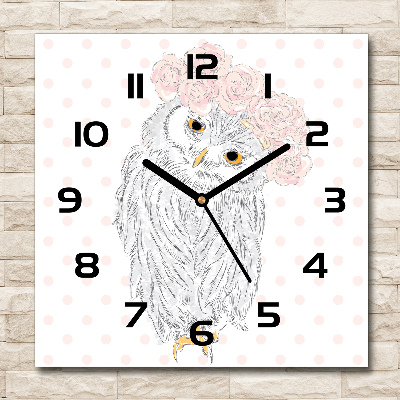 Vierkante glas klok Uil in een krans