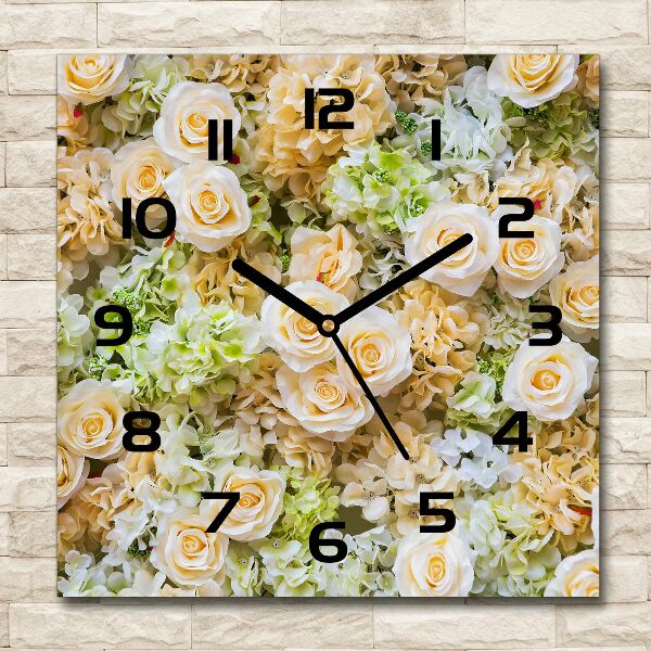 Vierkante glazen wandklok Rozen