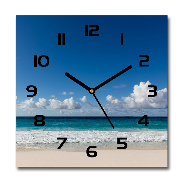 Vierkante glazen wandklok Strand op de Seychellen