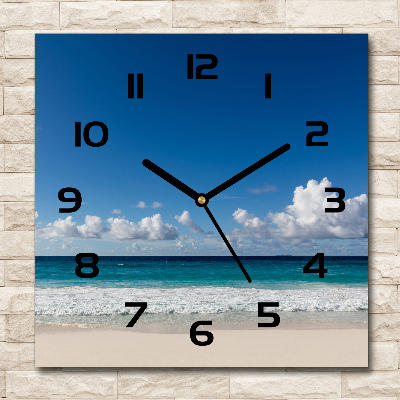 Vierkante glazen wandklok Strand op de Seychellen