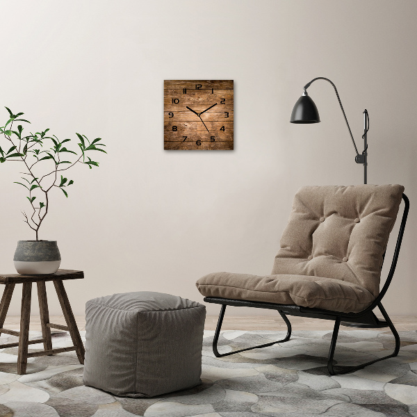 Vierkante glazen wandklok Houten achtergrond