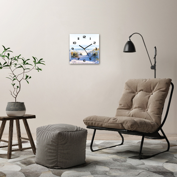 Vierkante glazen wandklok duinen aan zee