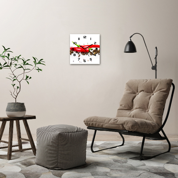 Vierkante glazen wandklok Chili en peper