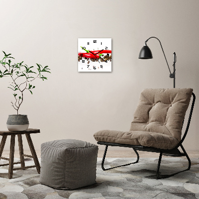 Vierkante glazen wandklok Chili en peper