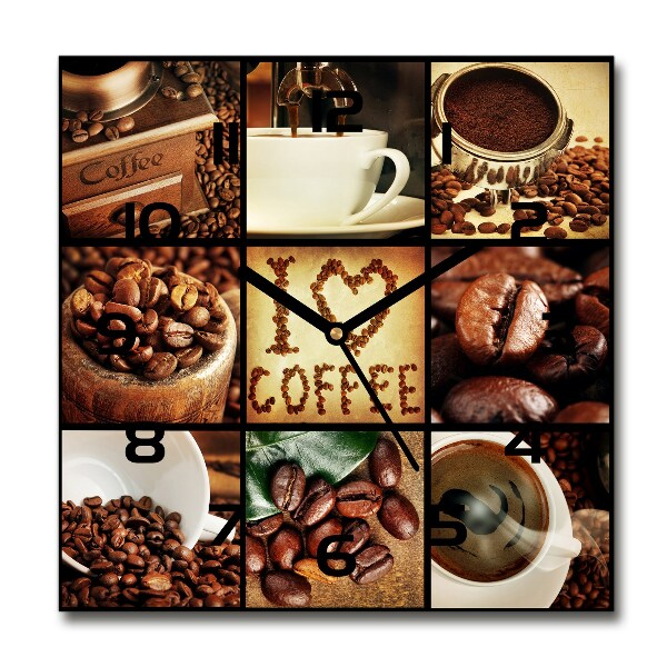 Vierkante glazen wandklok Koffiecollage