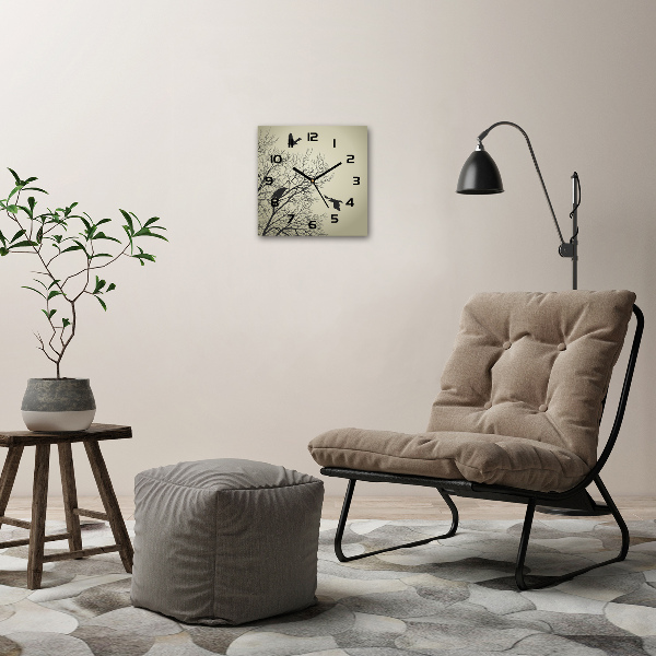 Vierkante glazen wandklok Kraaien in een boom