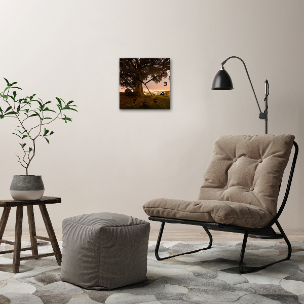 Vierkante glazen wandklok Oude boom