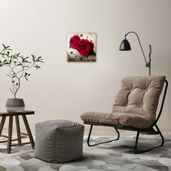 Vierkante glazen wandklok Rozen op hout